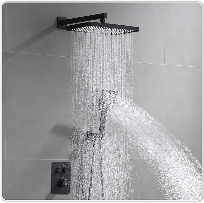 Thermostatic Shower Valve/System 12 inches Black Brass Faucet Set With Diverter/Mixer With Handheld Rain Head High Pressure Modern Rainfall