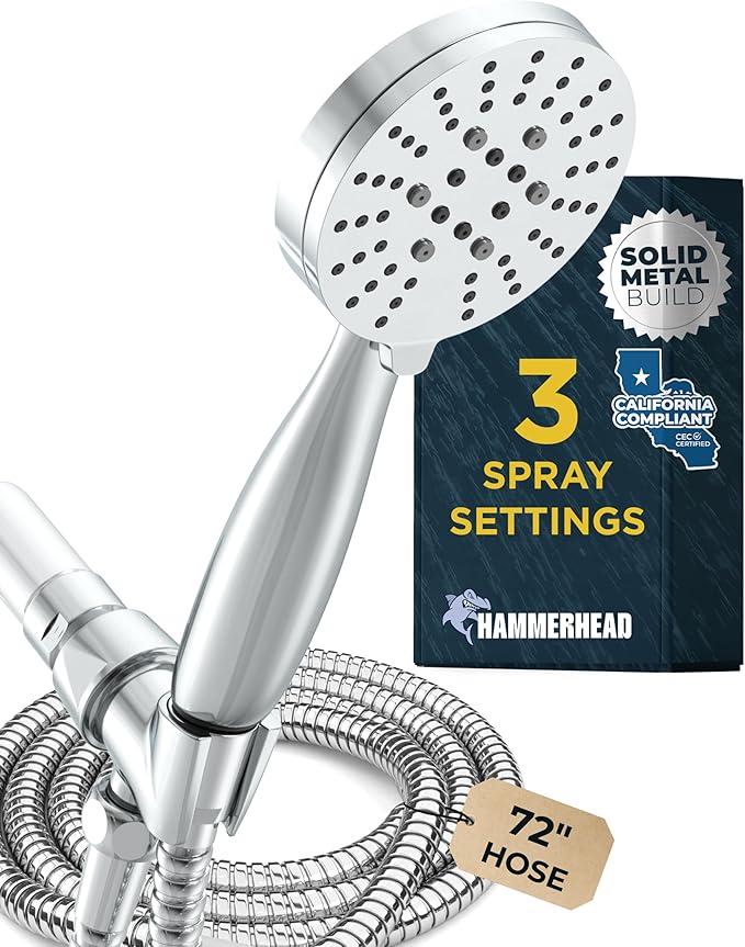 HammerHead Showers® Solid Metal 3-Spray Handheld Shower Head with Long Hose and Holder - CHROME - WIDE, MASSAGE, and MIST Sprays - 1.8 GPM Low Flow Handheld Showerhead - Water Saving Shower Head