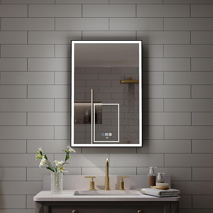 WELLFOR 20" X 30" LED Mirrored Medicine Cabinet, Medicine Cabinets with Lights for Bathroom, Defogging Function Mirror Cabinet, Bathroom Medicine Cabinet with USB Port & Outlet, Right Opening Doors