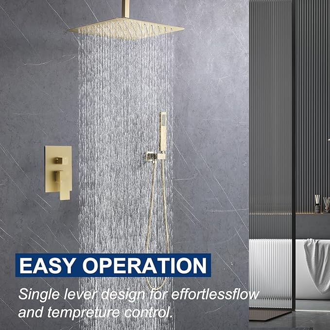 Ceiling Mount Rain Shower System, Shower Faucet Set with 16 Inch High Pressure Overhead Rain Shower Head and Handheld Sprayer, Dual Way Pressure Balance Shower Valve, Brushed Gold