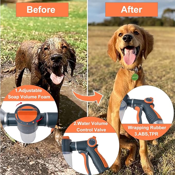 Dog Washing Hose Attachment, 8-in-1 Sprayer Hose Nozzle with Soap Dispenser for Dog Showering, Watering Flowers, Car Washing (Nozzle Only)