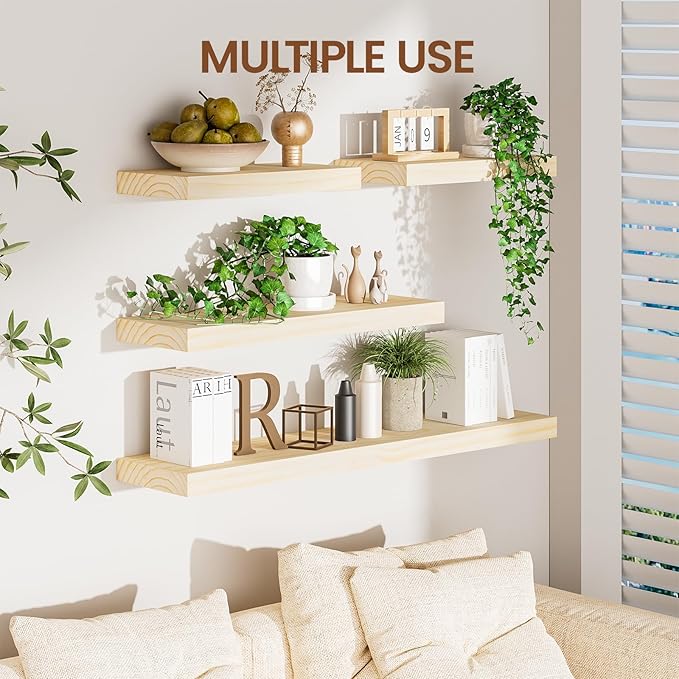 Heimlove 36 inch Floating Shelves for Wall,2 Packs Natural Pine Solid Wood Floating Shelves, 8 inches Deep Wooden Shelves for Kitchen Bedroom Office & Living Room Display Wall Decor