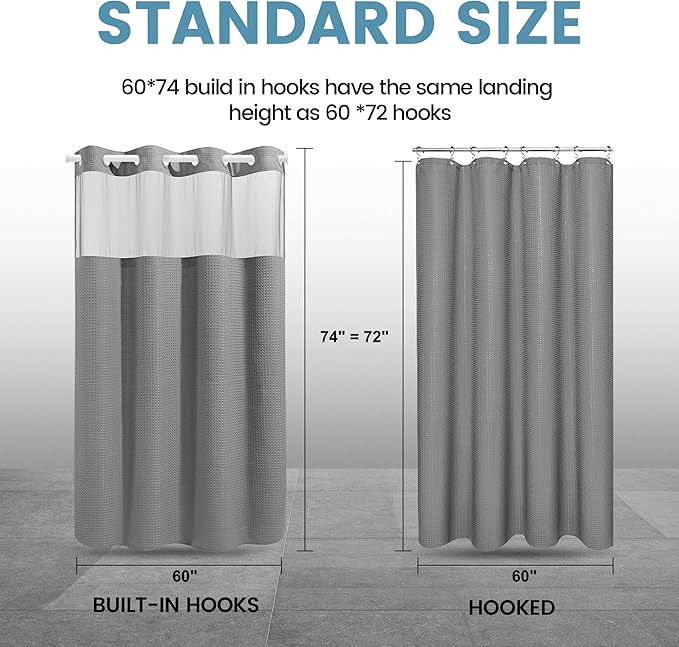 Stall No Hook Shower Curtain with Snap in Liner,230GSM Waffle Weave Shower Curtains for Bathroom,60W x 74H,Grey