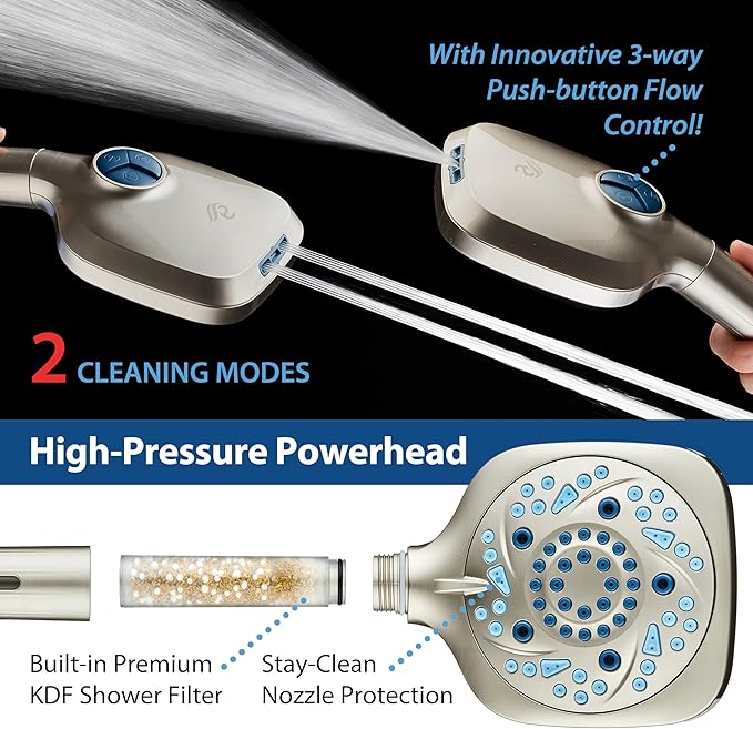 6-way High Pressure 82 Spray Mode Filtered Showerhead Combo - Handheld Shower Head Filters Chlorine to Heal Dry Skin, Revive Hair - Dual Power Wash Cleans Tub, Tile, Pets - Hard Water Softener, Nickel