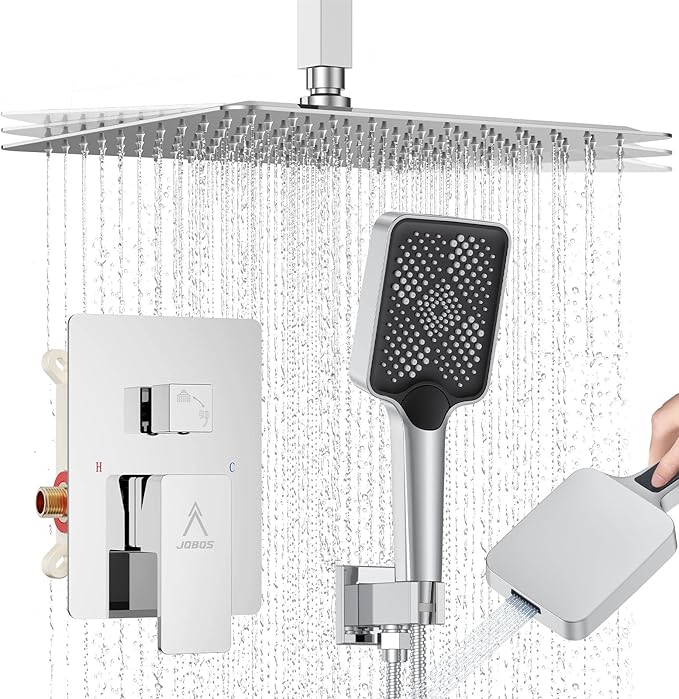 Shower System Modern Rain 8 inches Brass Faucet Set With Valve and Diverter Shower Mixer With Handheld High Pressure Square Rainfall Shower Valve (12'' Ceiling Mount, Chrome Polished)