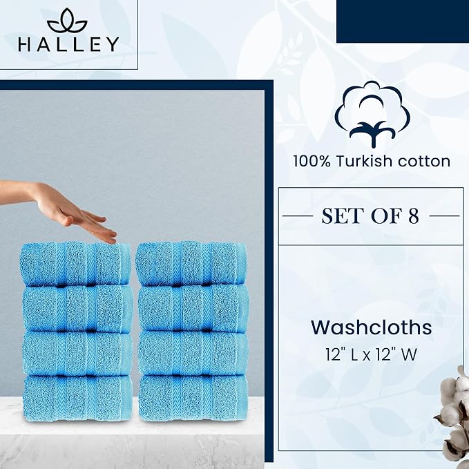 HALLEY Turkish 8 Pack Premium Washcloths (8 Pieces) 650 GSM Highly Absorbent Super Soft 100% Cotton - 8 Washcloths (Blue)