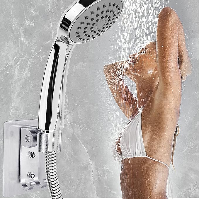 2PCS Shower Head Holder,Strong Adhesive Shower Holder,Adjustable Shower Wand Holder with 2 Hanger Hooks,Handheld Shower Head Wall Mount Bracket,Shower Holder Adapter For Bathing,Bathroom,No Drill Need