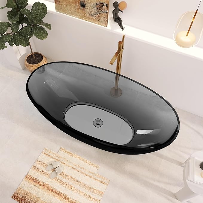 71" Premium Solid Surface Freestanding Bathtubs, Upgraded Transparent Dark Grey Oval Resin Soaking Tub with Pop-up Drain