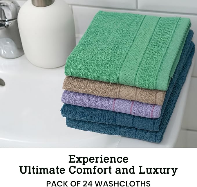 Casa Lino Face Towels & Body Wash Cloths for Showering - 100% Cotton Wash Cloths for Bathroom - Highly Absorbent & Quick Drying Washcloth Set - Cotton Washcloths 24 Pack (12" x 12") - (Multicolor II)