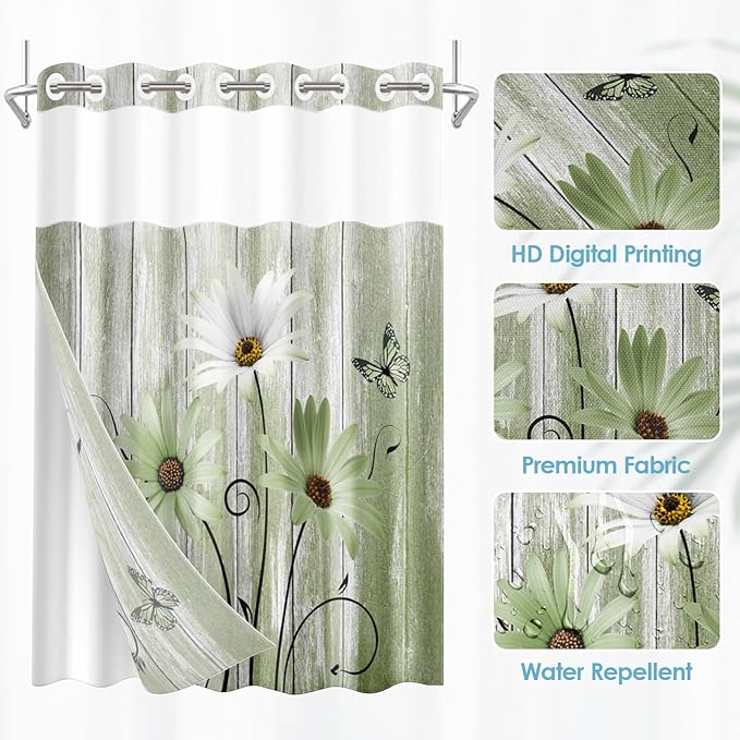 No Hook Daisy and Butterfly Shower Curtain with Snap in Fabric Liner Set, Green Rustic Farmhouse Double Layers Waterproof Fabric with See Through Top Window Open Grommet Bath Curtain 71x86 Inch