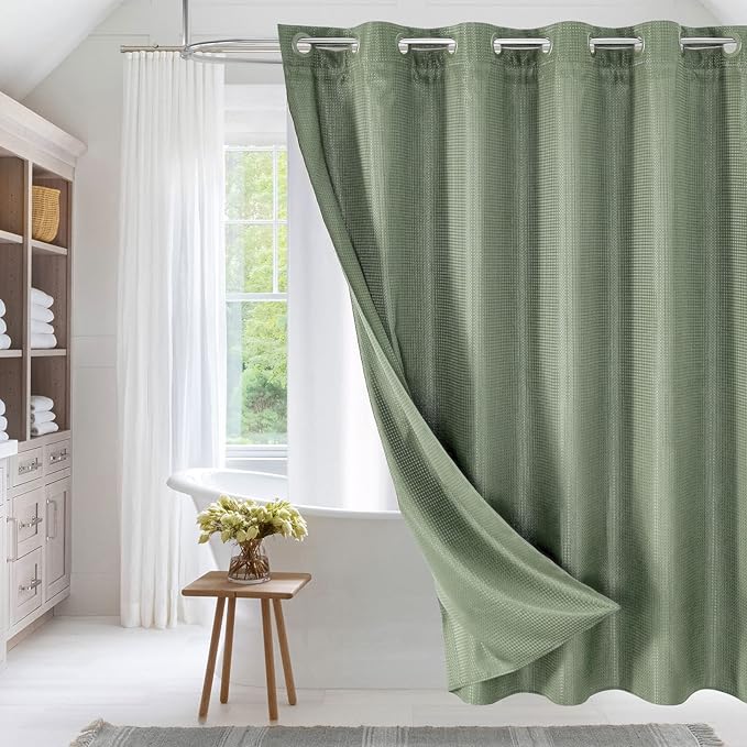 MitoVilla No Hooks Needed Extra Long Shower Curtain Liner Set, Sage Green 86 inch XL Waffle Fabric Shower Curtains Set with Snap-in Liner for Luxury Hotel Grade & Spa-Like Bathroom Decor