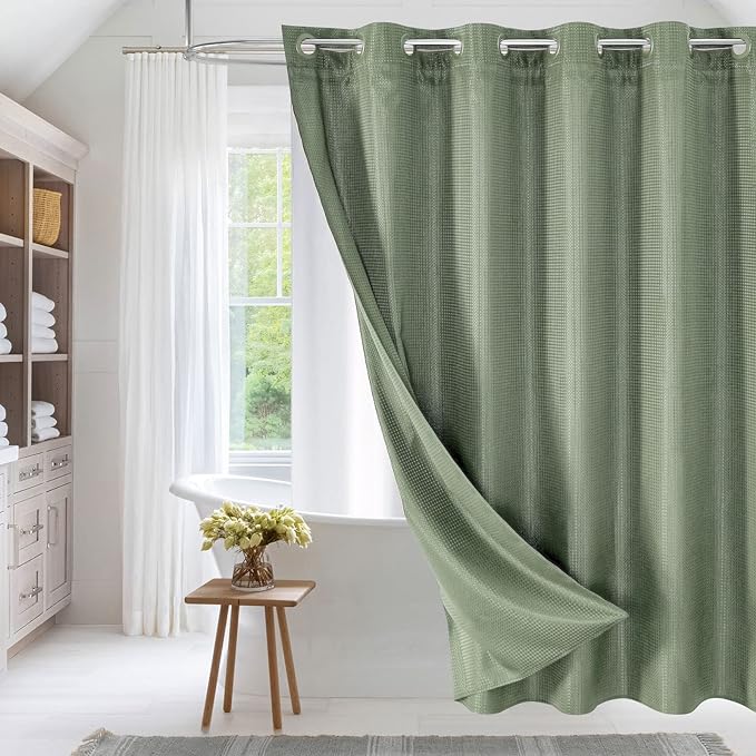MitoVilla No Hooks Required Sage Green Waffle Shower Curtain Liner Set, Modern Heavyweight Fabric Shower Curtain Set with Snap-in Liner for Hotel Grade Spa-Like Bathroom Decor, 72 x 74