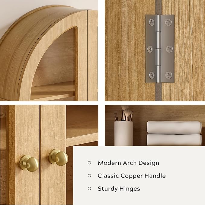 Large Arched Bathroom Wall Cabinet Modern Wooden Display Cabinet with Acrylic Doors Farmhouse Wall Mounted Cupboard Storage Organizer for Laundry Room, Dining Room, Natural Oak