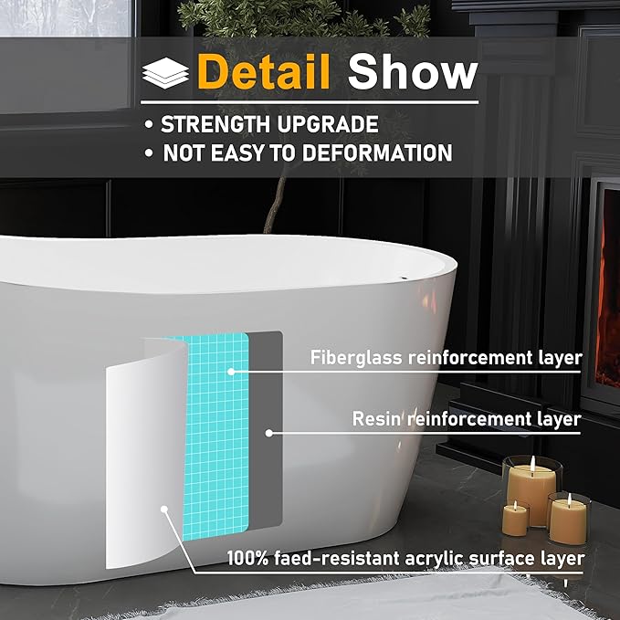 59" High-back Acrylic Freestanding Bathtubs, Stand Alone Tub, Soaking Tubs for Bathroom, Integrated Overflow and Drain, cUPC Certified, Gloss White