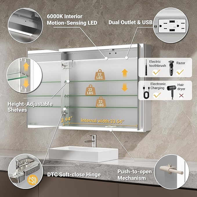 36x30 Beveled Lighted Medicine Cabinet with Mirror & Lights, Surface or Recessed Mirrored Medicine Cabinet with Outlet & Clock, Anti-Fog Dimmable LED Storage Cabinet, Built-in Sensor Light