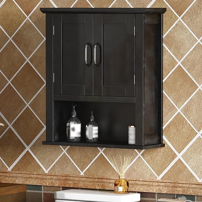 ChooChoo Wood Wall Cabinet with Doors, Medicine Cabinet with Adjustable Shelves Over The Toilet, Hanging Cabinet Wall Mounted for Bathroom, Kitchen, Living Room, Black