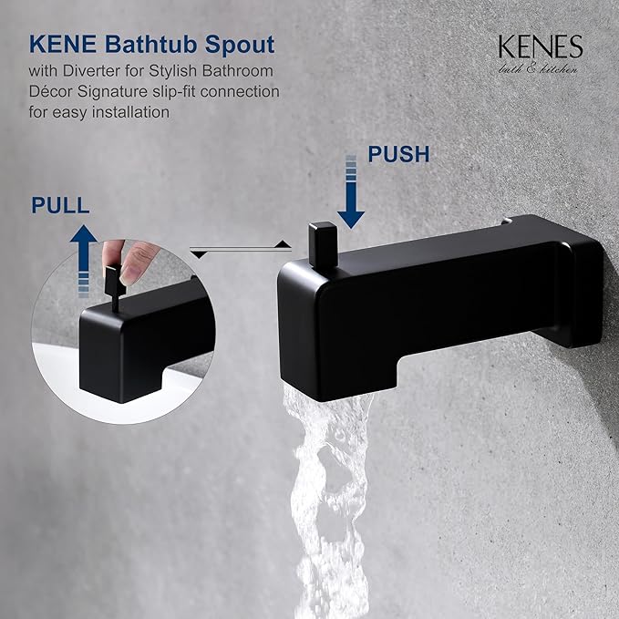 KENES Matte Black Tub Shower Faucet Set Complete with 10-Inch Rainfall Shower Head and Tub Spout, Square Tub and Shower Trim Kit, KE-6024A-2 (Shower Valve Included)