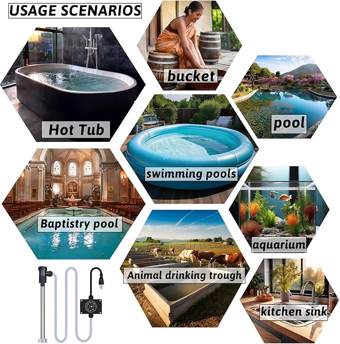 1800W Immersion Water Heater Portable Electric Bathtub & Pool Submersible Water Heater with Temp Control for Bucket, inflatable pool, baptistry, spa tub, above ground pool & Hot Tub