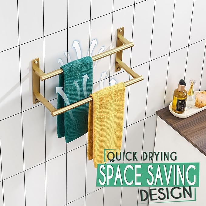 KOKOSIRI 16 Inch Bathroom Towel Racks Double Towel Bar Bath Towel Holder Towel Hanger Towel Shelf Wall Mount Stainless Steel Brushed Gold B5010BG-L16