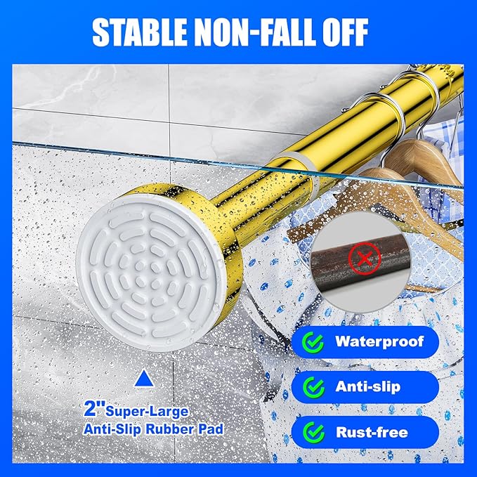 Ausemku Shower Curtain Rod Tension - 26-76 Inch Never Rust Non-Slip Spring Tension Curtain Rod No Drilling Stainless Steel Curtain Rod Use Bathroom Kitchen（Gold）