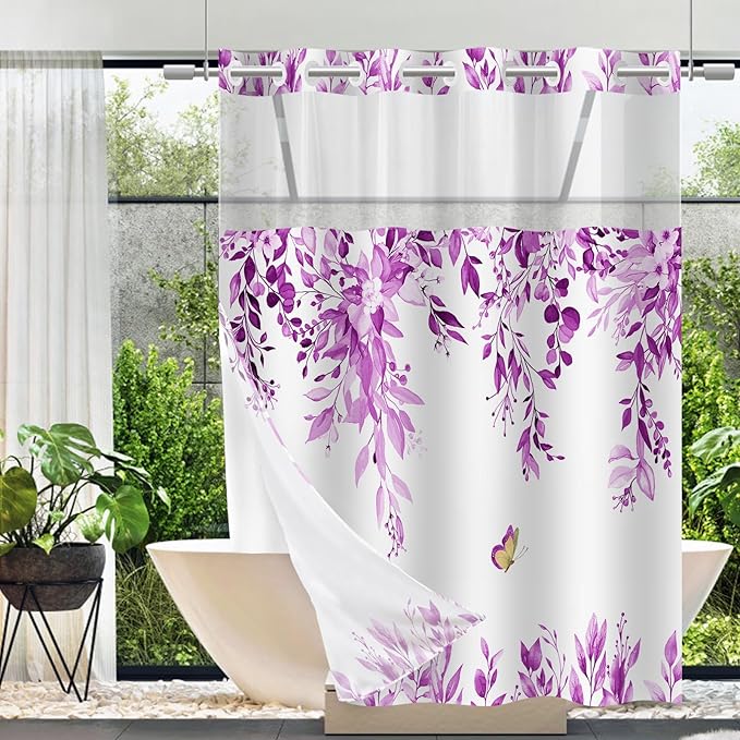 No Hook Shower Curtain and Liner Set, Purple Eucalyptus Floral Shower Curtains for Bathroom, Bath Curtain Sets with Snap in Liner, Waterproof with See Through Top Window, 71x74 Inches
