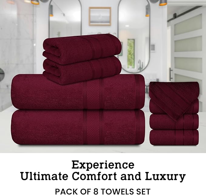 Casa Lino Bath Towel Set of 8 (2 Bath Towels, 4 Wash Cloths & 2 Hand Towels for Bathroom) - 100% Cotton - Highly Absorbent & Quick Dry - Guest Room Essentials for Bathroom Set - (Burgundy)