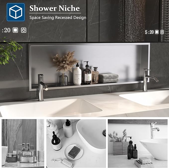 Neodrain No Tile Shower Niche, Shower Cabinet Bathroom Shelf, Inner Size 36" X 12" X 4", Brushed Stainless Steel Bathroom Recessed Wall Niche Cubby, NO Tile Needed for Storage