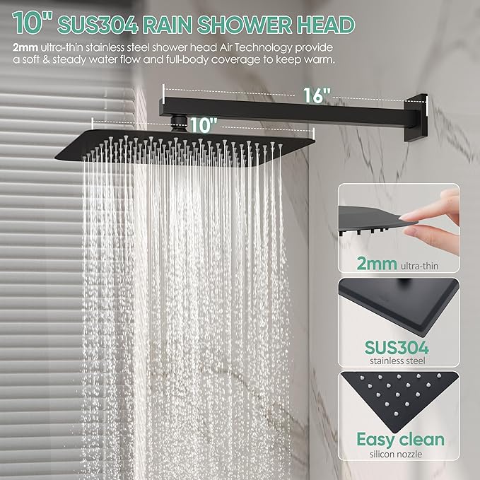 Black Shower System with Tub Spout, All Metal Tub Shower Faucet Set with 10" Rain Shower Head and Handheld Spray combo, Wall Mounted Tub Shower Systems with Valve and Trim Kit, Matte Black