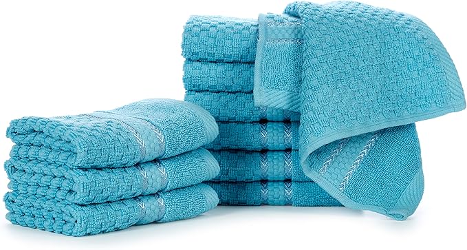 Ample Decor Sky Blue Wash Cloth Set of 10 100% Cotton - Quick Dry, Highly Absorbent, Popcorn Textured - Mulaayam Collection - 12 X 12 Inch
