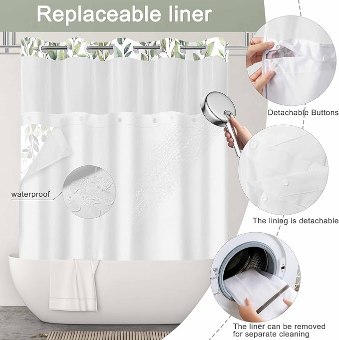 No Hook Shower Curtain and Liner Set, Sage Green Eucalyptus Floral Shower Curtains for Bathroom, Bath Curtain Sets with Snap in Liner, Waterproof with See Through Top Window, 71x77 Inches