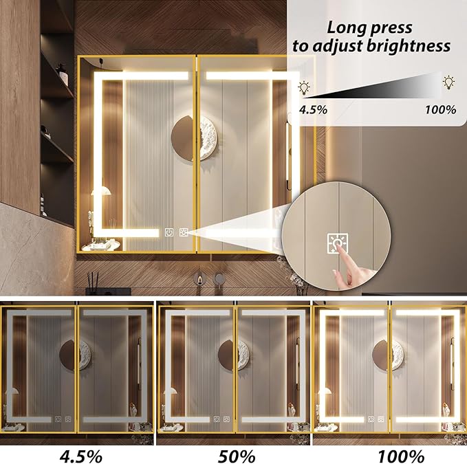 APRILSOUL 40X32 Inch Gold Bathroom Medicine Cabinet with Mirror, Recessed or Surface Lighted Medicine Cabinet with 3 Colors Temperature, Dimmable Light