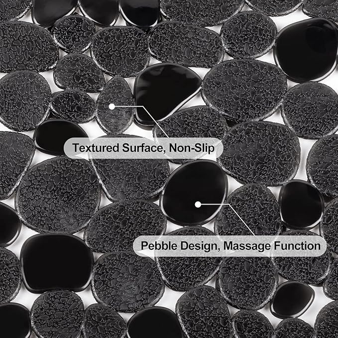 WELTRXE Pebbles Bath Mat for Tub Black Non-Slip Bathtub Mat with Suction Cups, Drain Holes for Bathroom Showers, Tub, Machine Washable, BPA, Latex Free Oval Shower Mats Bath Tub mat, 27 x 14 Inch