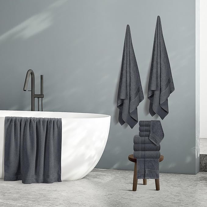Belizzi Home 100% Cotton Towel Set, Contains 6 Soft Bath Towel, 6 Hand Towel, 12 Wash Cloth - Compact Absorbent Lightweight & Quickdry Towels for Bathroom - 24 Piece Bathroom Towel Set - Charcoal Grey
