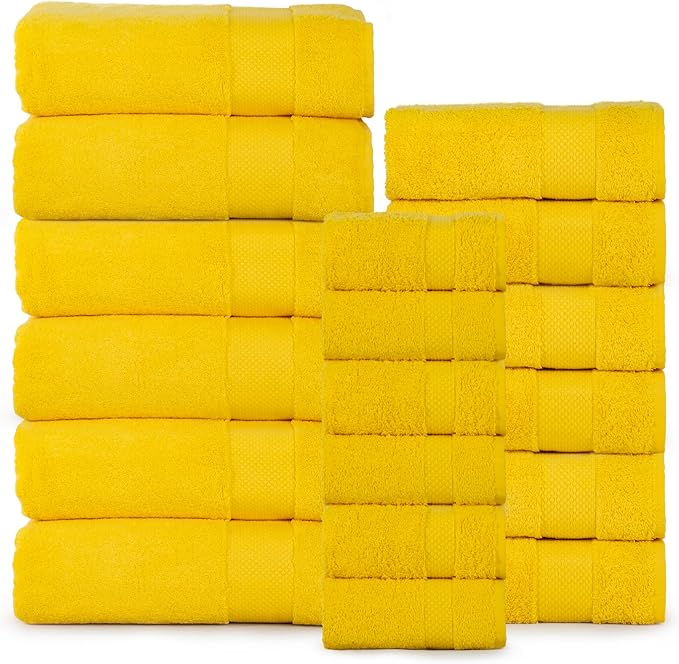 Hencely 18-Piece Bath Towel Set - High Absorbency, Quick Drying - 100% Soft Turkish Cotton - 6 Bath Towels, 6 Hand Towels, 6 Washcloths - for Bathroom, Home, Hotel, Spa, and Gym - 18-Pack Yellow