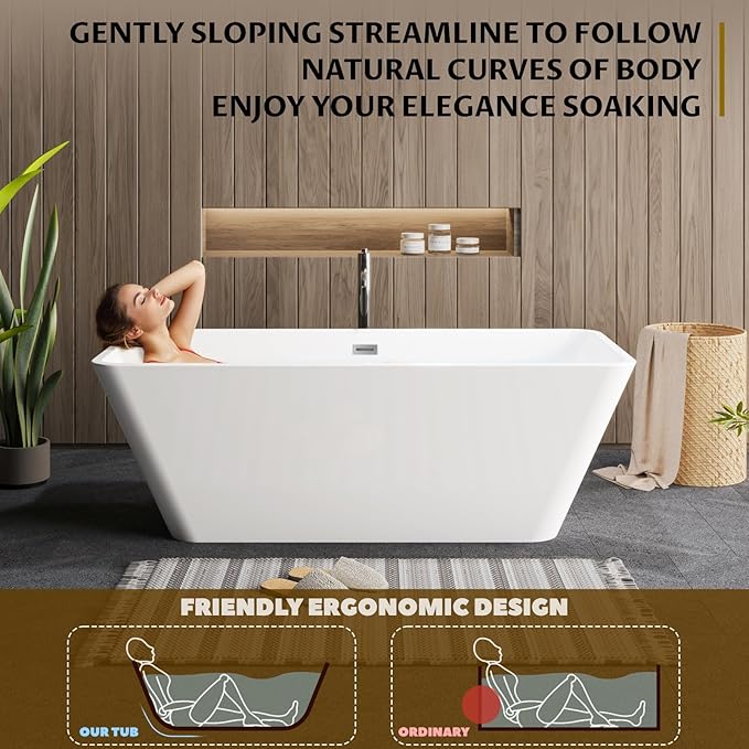 66 Inch Freestanding Bathtub, Acrylic Deep Soak Tub, Glossy White, Easy Install with Overflow & Drain