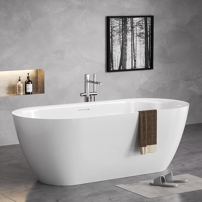 67" Acrylic Freestanding Soaking Bathtub, Modern Oval Acrylic Bath Tub with Pop-up Drain & Integrated Overflow for Soaking and Bathing, cUPC Certified, Glossy White Finish