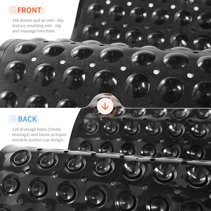 Anti-Slip Bathtub Shower mat, 27.5×14.5（Approximately 70×37cm） inch Soft Oversized Machine Washable Non-Slip Bathtub mat with Drainage Holes, Bathroom Floor Suction Cup.（1-Opaque Black）