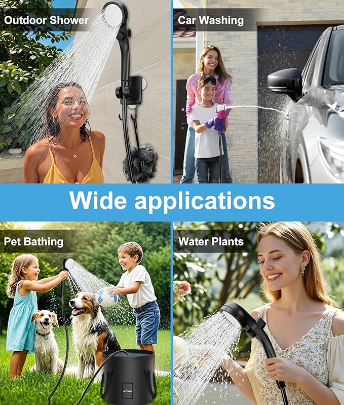 WADEO Portable Camping Shower, 6000mAh Rechargeable Shower Pump, Filtered Shower Head & 5 Gallons Foldable Bucket, Outdoor Shower for Hiking Beach, Travel, Pet Bath, Car Washing, Surf & Boat Cleaning