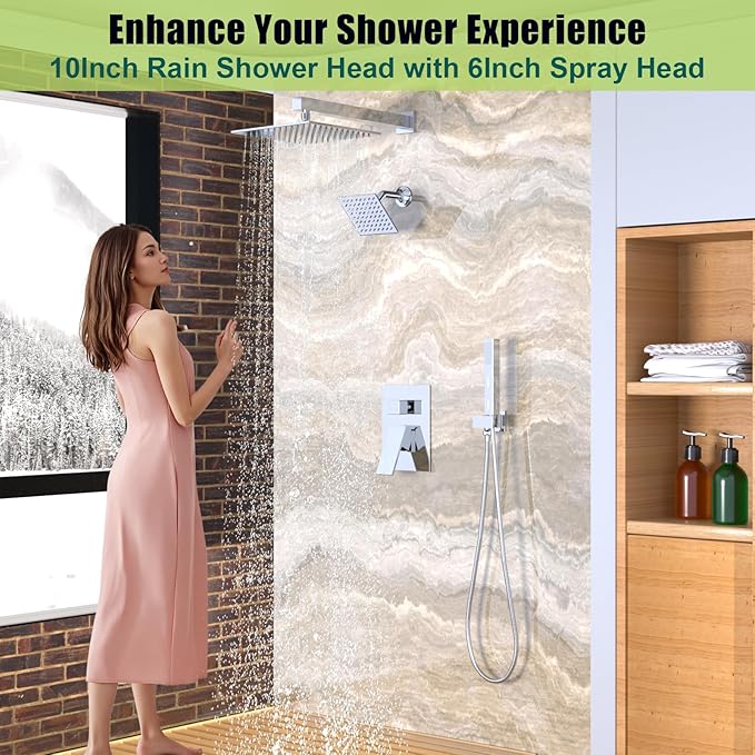 ENGA Shower Faucet Set, Dual Head Shower System 10" & 6" Square Rain Shower Heads with 2 in 1 Handheld Spray, 3 Way Water Diverter, Chrome