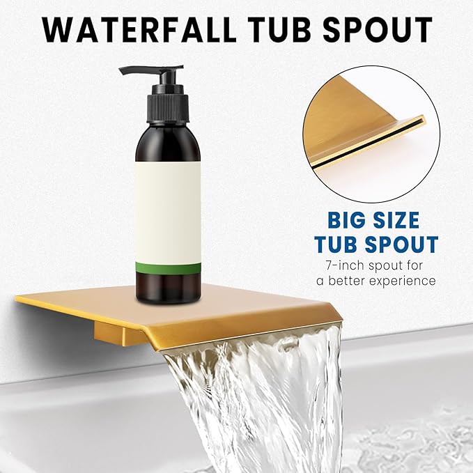 Wall Mounted Shower Faucet Set, Shower System with Tub Spout, 12 Inch Rainfall Shower Head with Handheld Spray, Waterfall Tub Spout Bathtub Faucet, Brushed Gold
