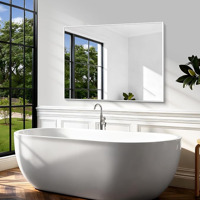 BONEWEI White Bathroom Mirror,36x48 inch Wall Mirror for Bathroom Wall Mounted,Large Rectangle Mirror for Bathroom Over Sink,Modern Metal Frame for Living Room,Bedroom Entryway,Horizontal/Vertical