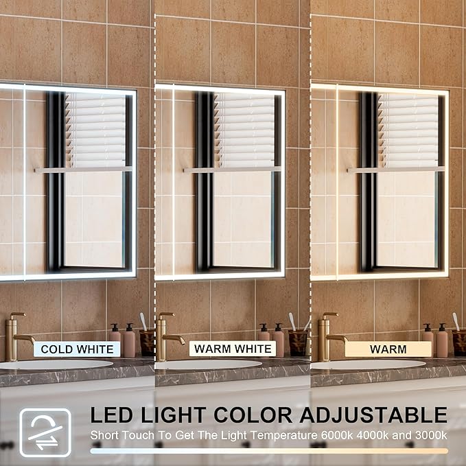 WELLFOR 48" X 30" LED Mirrored Medicine Cabinet, Medicine Cabinets with Lights for Bathroom, Defogging Function Mirror Cabinet, Bathroom Medicine Cabinet with USB Port & Outlet, Double Opening Doors