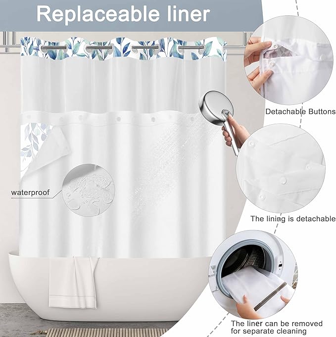 No Hook Shower Curtain and Liner Set, Blue Eucalyptus Floral Shower Curtains for Bathroom, Bath Curtain Sets with Snap in Liner, Waterproof with See Through Top Window, 71x74 Inches