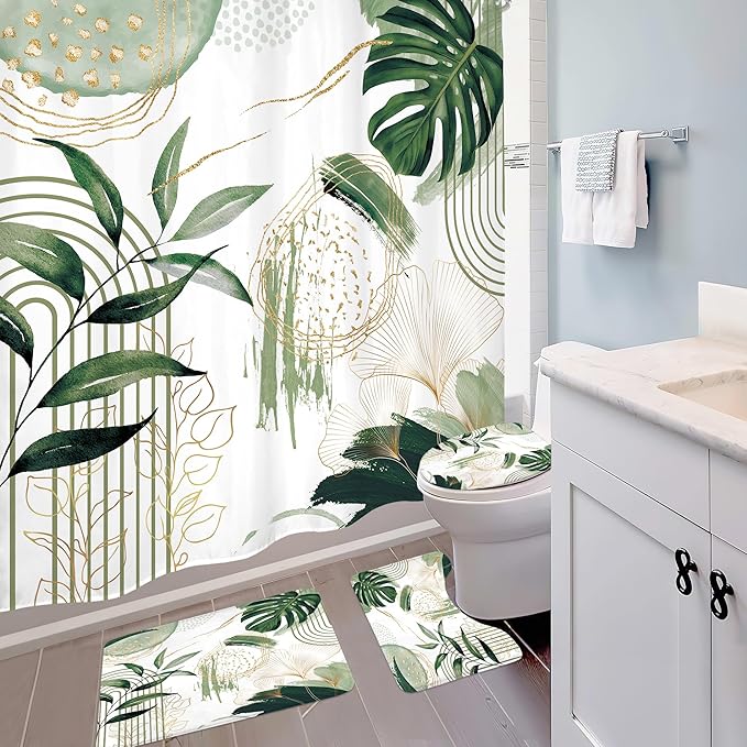 4 PCS Sage Green Boho Shower Curtain Set 72Wx72H, Non-Slip Bath Rug Toilet Lid Cover and U Shape Mat Modern Tropical Palm Leaves Complete Bathroom Set Accessories with 12 Hooks Bathroom Decor
