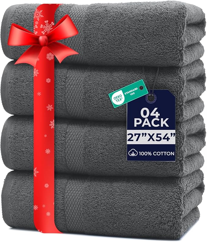 DAN RIVER Bath Towels Set of 4, 27 x 54 Inches, 100% Cotton, Larger & Lighter Weight, Quicker to Dry, Super Soft and Absorbent, Ideal Gray Bath Towels for Daily Use