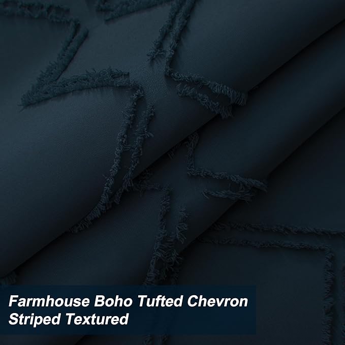 Extra Long No Hooks Shower Curtains, 98 Inches Long Boho Tufted Chevron Striped Fabric Shower Curtain for Bathroom with Snap in Liner, Navy Water Resistant Cloth Shower Curtain Set