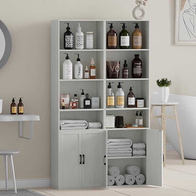 Tall Bathroom Storage Cabinet, Bathroom Floor Cabinet with Wide 4 Tier Shelf, Storage Unit for Living Room, Entryway, Kitchen (Retro White, 1 PCS)