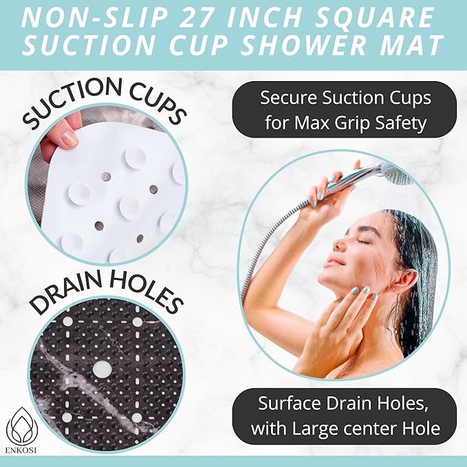 ENKOSI Square Shower Mat 27x27 inch - Anti Slip Shower Stall Floor Mat - Non Slip Shower Mats with Strong Secure Suction Cups and Drain Holes in Middle (27x27 Marble Black)