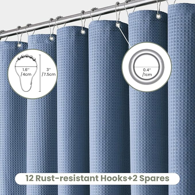 Inhousolu Fabric Shower Curtain Waffle Weave, Moonlight Blue 230 GSM Heavy Duty, Weighted Hem, 14 Metal Hooks, Water Repellent, Machine Washable, Hotel Spa Luxury Bath Curtain Set, 72 x 72 Inch