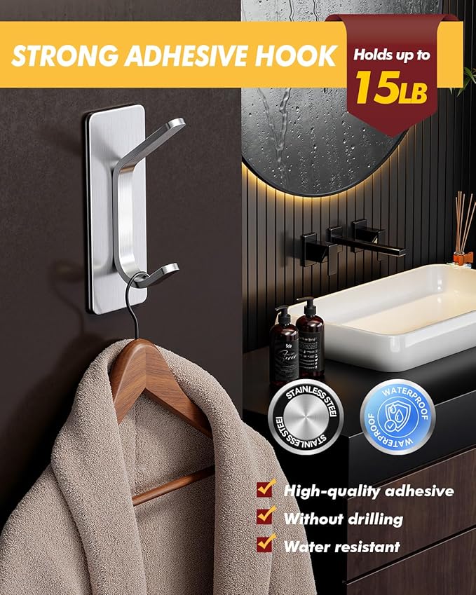Auxmir Self Adhesive Hooks for Hanging 15lb, Stainless Steel Wall Hooks for Coat and Towel, Waterproof Oilproof Rustproof Adehesive Door Hanger for Bathroom Shower Kitchen Office RV, Silver, 5 Pack